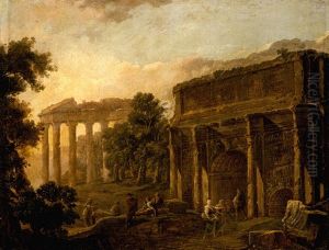 An Architectural Capriccio With Figues Among Roman Ruins