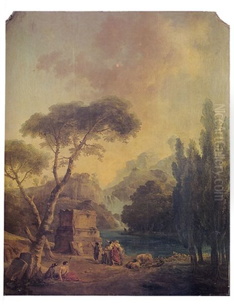 Paysage De Cascade Avec Les Bergers D'arcadie Pres Des Ruines D'un Temple - view 1