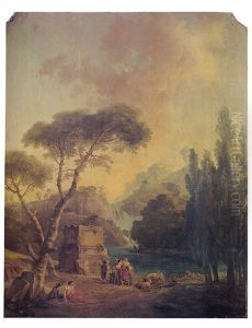 Paysage De Cascade Avec Les Bergers D'arcadie Pres Des Ruines D'un Temple