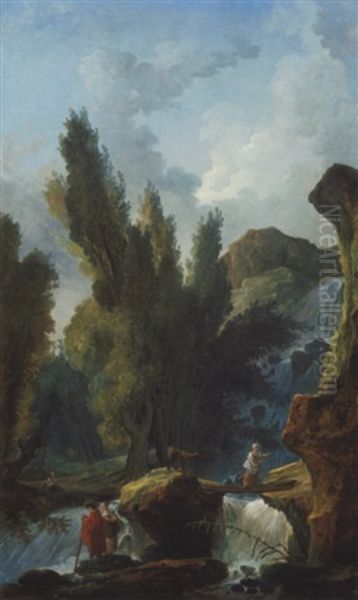 Personnages Pres D'une Cascade Dans Un Paysage Rocheux - view 1