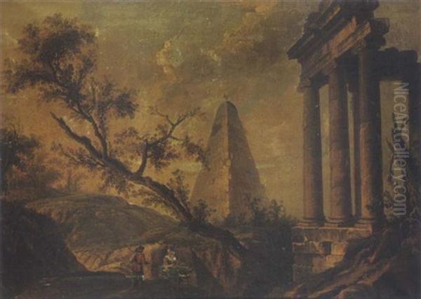 Monuments Antiques Dans Un Paysage Anime De Personnages - view 1
