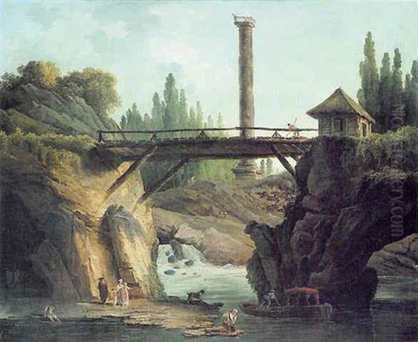Vue De Parc De Mereville: La Grande Cascade Derriere Le Pont Rustique Et Le Belvedere Domine Par La Colonne Trajane - view 1