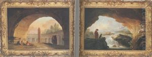 A Classical Arch, With Figures Before An Obelisk, A Classical Colonnade Beyond
