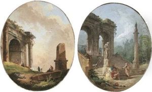 A Capriccio Of A Triumphal Arch And A Broken Obelisk With Herdsmen And Animals