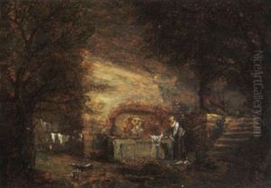 A Washerwoman At A Classical Fountain Conversing To A Young Man by Hubert Robert