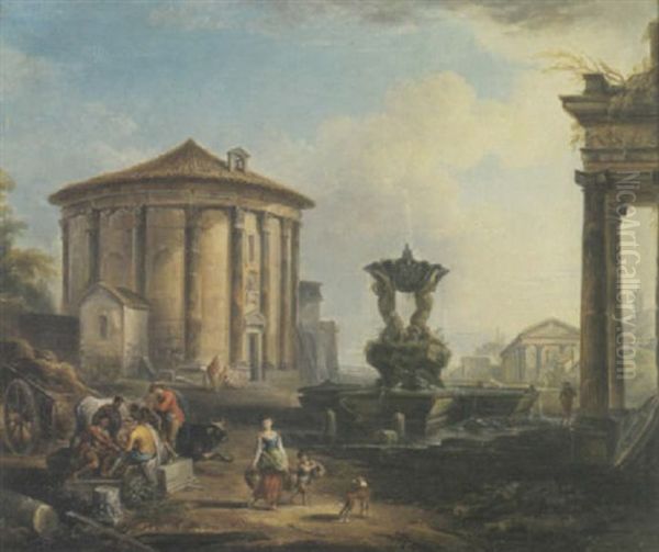 A Capriccio View Of The Temple Of Vesta With Figures Playing Cards In The Foreground - view 1