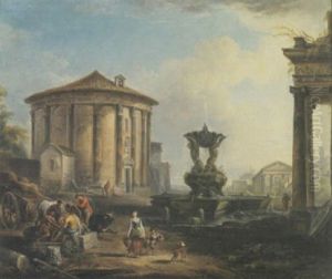 A Capriccio View Of The Temple Of Vesta With Figures Playing Cards In The Foreground