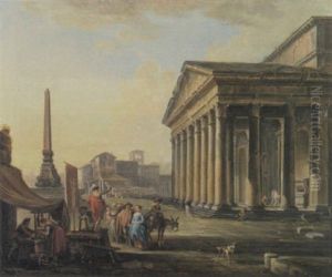A Capriccio View Of The Pantheon With Figures Gathered Around A Medicine Man In The Foreground