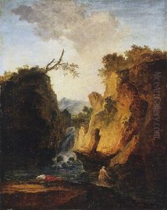 A Rocky Landscape With A Waterfall And A Woman Bathing