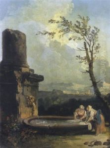 Les Lavandieres A La Fontaine by Hubert Robert