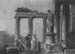 Personnages Au Bord D'un Bassin Pres De Ruines D'un Temple Antique