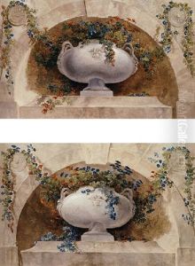 Stone Vase With Flowers And Garlands In Architectural Niche