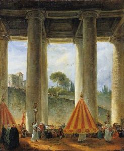 Procession Pontificale Celebrant La Fete Du Corpus Domini Sous La Colonnade De Saint-pierre A Rome by Hubert Robert