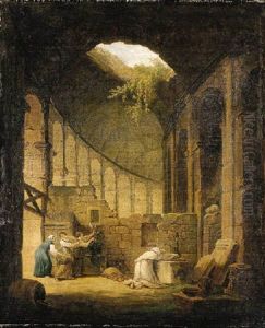 A Hermit Praying Before An Altar In A Ruined Chapel, With Three Women Offering Flowers