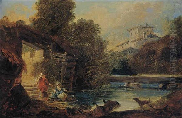 Women Fishing At A Wooded Pool, A Villa Beyond - view 1
