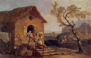Washerwomen By A Cottage Along The Banks Of A River
