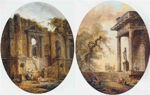 Washerwomen By A Pool Before The Ruins Of A Palace - view 1