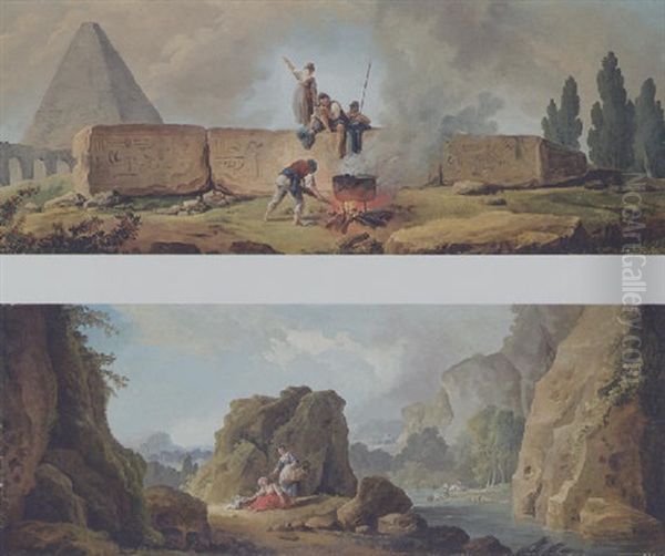 A Fallen Obelisk With Figures Around A Brazier - view 1