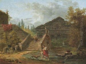 An Architectural Capriccio Of A Classical Temple With A Maid Descending A Staircase And Another With Child And Dog Standing In A Pool