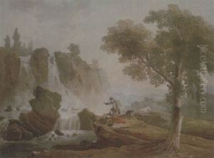 Rome, A View Of The Falls At Tivoli With Two Artists Sketching From A Promontory
