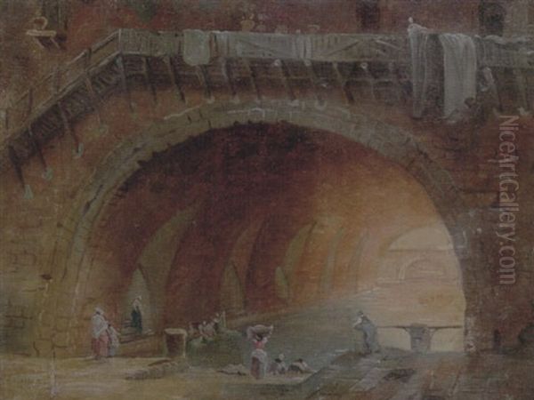 Figures Washing Clothes In A Pool Underneath An Arch - view 1