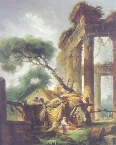 A Landscape With Figures And Ruins by Hubert Robert