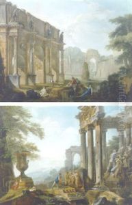 Capriccios Of Roman Ruins With Figures Conversing And Resting