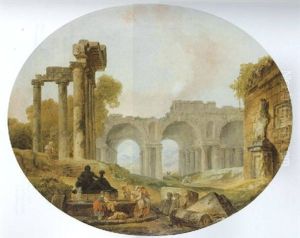 Washerwomen And Other Figures Amid Roman Ruins In A Classical Landscape by Hubert Robert