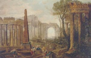 Antique Ruins With Soldiers And Other Figures Resting Beside A Fountain At The Base Of An Obelisk, An Arch Beyond