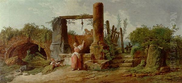 Young Women And A Boy At A Ruined Roman Well - view 1