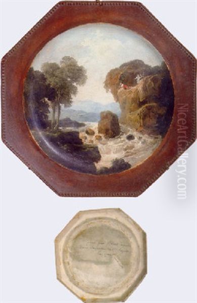 A Gorge With Figures On A Rock Above A Waterfall - view 1