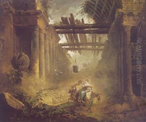 Figures On Horseback Leaving A Ruined Vaulted Building With Colonnades by Hubert Robert
