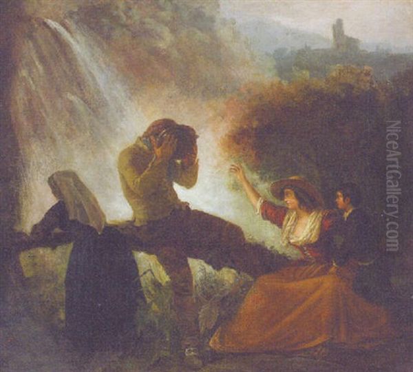 Figures At The Foot Of A Waterfall - view 1