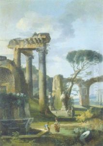 Capriccio Di Rovine Antiche Con Statue Classiche E Astanti by Hubert Robert