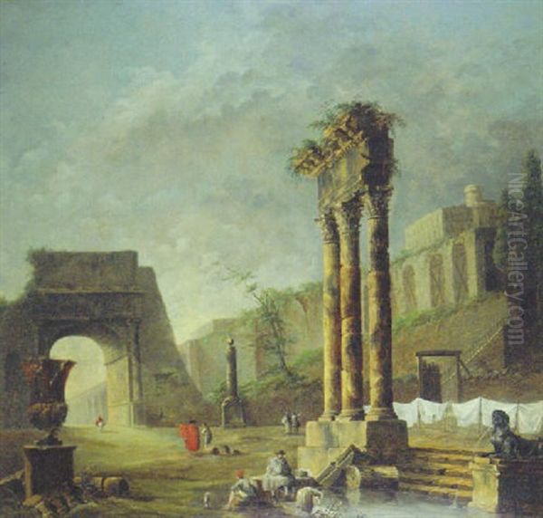 A Washerwoman By A Pool With Other Figures Amongst Classical Ruins - view 1