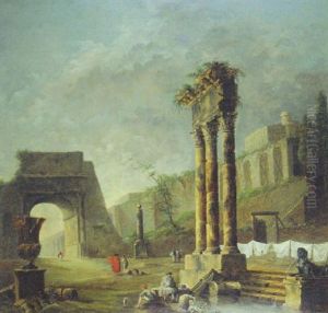 A Washerwoman By A Pool With Other Figures Amongst Classical Ruins thumbnail