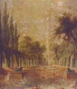 A Classical Garden With Washerwomen By A Fountain by Hubert Robert