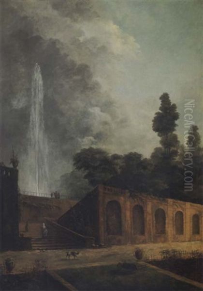 A Parkland Setting With A Fountain And A Terrace, Figures And A Dog Promenading - view 1