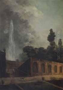 A Parkland Setting With A Fountain And A Terrace, Figures And A Dog Promenading by Hubert Robert