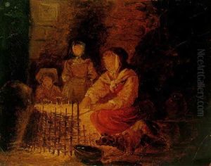 A Peasant Mother And Her Two Children Warming Themselves By A Fire by Hubert Robert