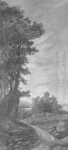 Landscape Vista With Figures Travelling A Path by Hubert Robert