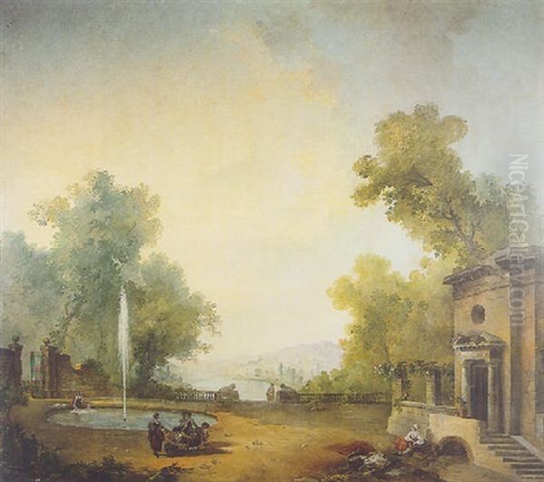 Scene Representant Une Lavandiere Et Des Personnages Dans Un Parc Orne De Statues, De Ruines A L'antique Et D'un Bassin - view 1