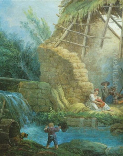 Paysage A La Cascatelle Et Chaumiere En Ruine Anime De Personnages - view 1