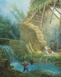 Paysage A La Cascatelle Et Chaumiere En Ruine Anime De Personnages by Hubert Robert