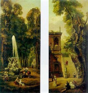 An Artist Sketching A Lady Beneath A Terrace In A Garden by Hubert Robert