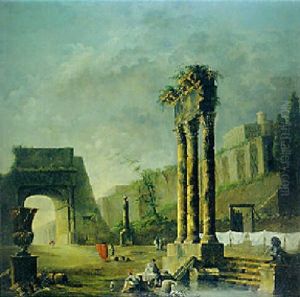 A Washerwomen By A Pool And Other Figures Amongst Classical Ruins by Hubert Robert
