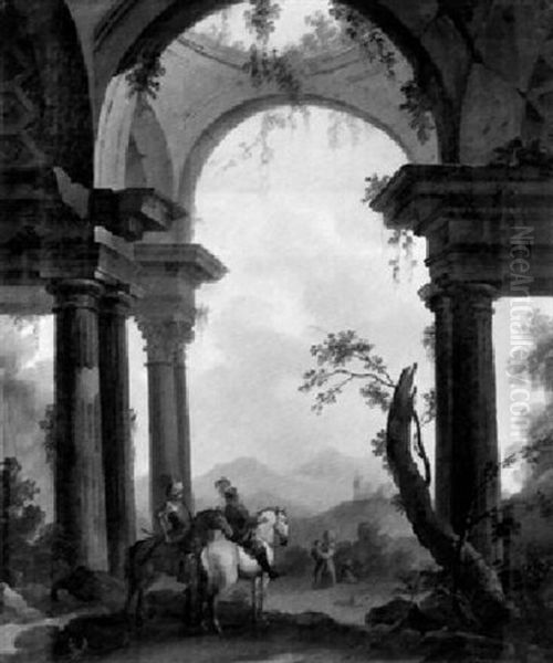 Elegant Cavalry Men Passing A Ruined Arch In A Landscape - view 1