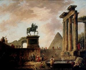 An Architectural Capriccio With The Roman Ruins, The Equestrian Statue Of Marcus Aurelius, A Pyramid And Figures By A Fountain by Hubert Robert