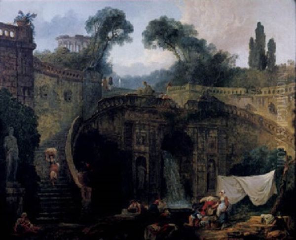 A Parkland Capriccio In The Grounds Of The Palazzo Farnese At Caprarola, With A Monumental Stairway And Washerwomen By A Fountain - view 1