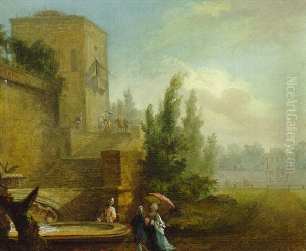 An Italianate Landscape With Elegant Figures By A Fountain Before A Villa - view 1